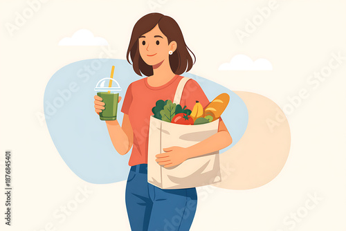 woman holding a shopping bag full of groceries