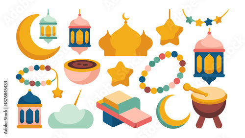 Islamic Festive Array: A vibrant illustration showcasing an assortment of symbolic elements for celebrating Islamic traditions, exuding cultural richness.