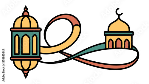 Islamic Festival Illustration: An artful illustration for a festival, with a beautiful lantern, crescent moon and mosque. conveying a sense of serenity. 