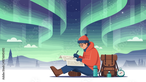 Adventurer Planning His Route Under The Breathtaking Northern Lights