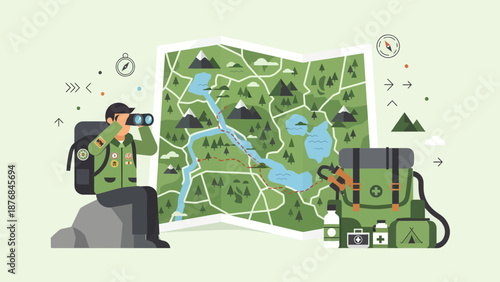 Adventurer Planning His Journey In Wildness With Map And Equipment