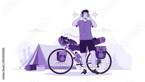 Adventurous Cyclist Relaxes with Music at Campsite After Long Bicycle Ride