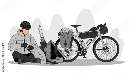 Adventurous Cyclist Preparing For an Outdoor Journey With Bike and Camping Gear