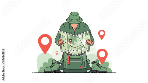 Adventurer Planning Trip Looking At Map With Backpack Boots And Location Pins