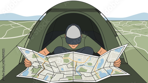 Adventurer Plotting Expedition In Tent With Topographic Map Illustration