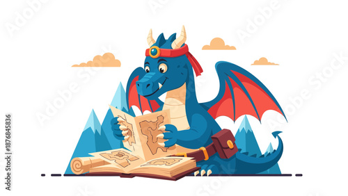 Adventurous Dragon Navigating A Lost World With Map Illustration For Children