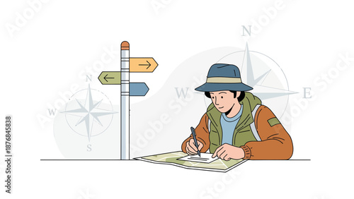 Adventurer Plotting Route On Map At Trail Intersection With Directional Signpost