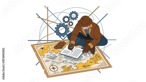 Adventurer Plotting Course On Old Map Amidst Abstract Mechanical Elements Concept