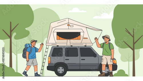 Adventurous Duo Enjoying Campsite Adventure with Car Top Tent Amidst Nature