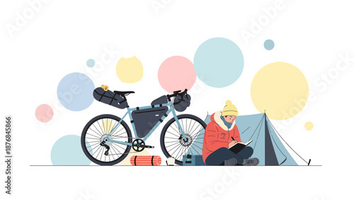 Adventurous Cyclist Resting And Writing Beside A Tent After A Long Journey