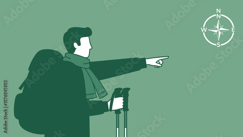 Adventurer Points Towards Destination With Compass Orientation On Directional Journey