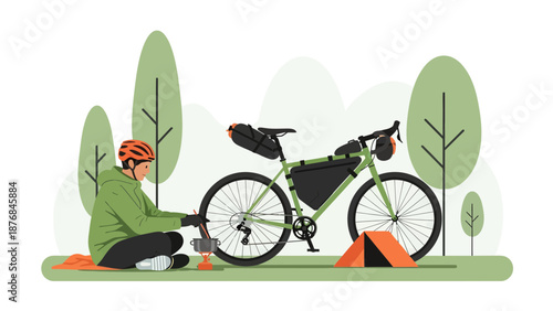 Adventurer Prepare Meal During Bikepacking Journey Under Green Trees Scenery
