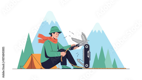 Adventurer Prepares Camp Gear with Multi Tool in Mountain Landscape