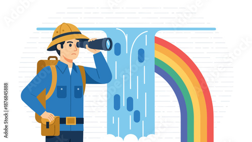 Adventurous Explorer Discovering A Waterfall And Rainbow In A Cartoon Style