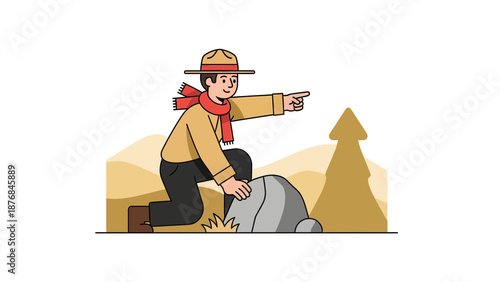 Adventurous Explorer Discovering Scenic Wilderness With Hat And Scarf Illustration