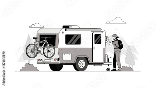 Adventurer Prepares For An Outdoor Escape Near A Caravan And Mountain Scenery