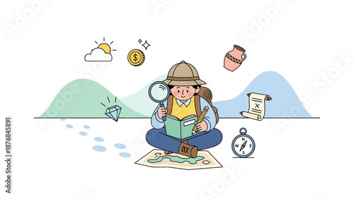 Adventurous Explorer Analyzing A Map In Search Of Buried Treasure And Hidden Artifacts
