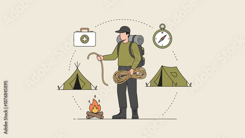 Adventurer Prepares For A Backcountry Journey With Campfire Compass And First Aid Kit