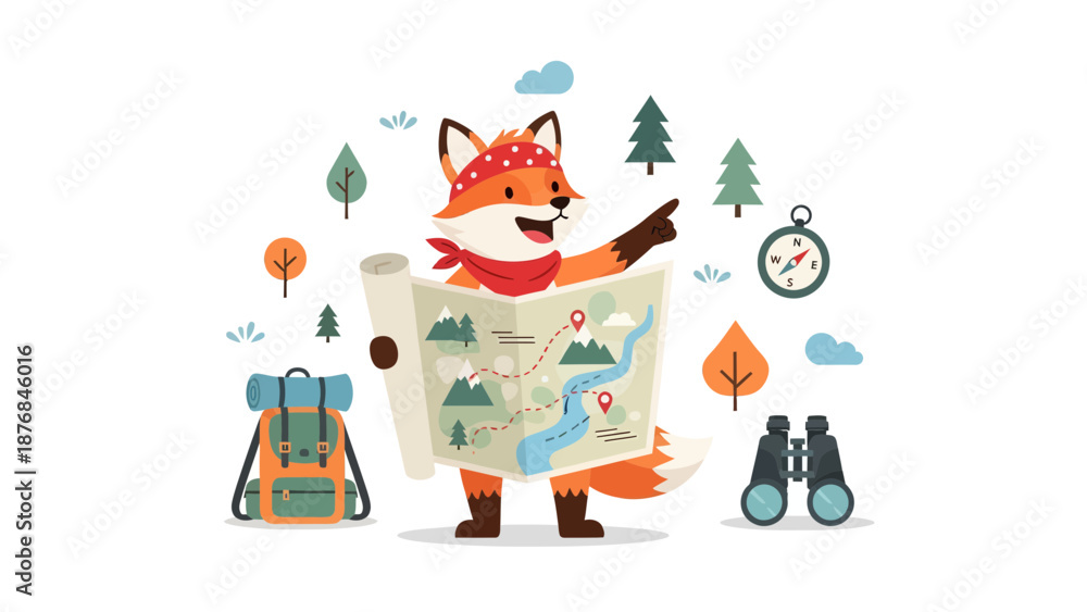 Naklejka premium Adventurous Fox Guides Hikers Through The Wilderness On The Route Map