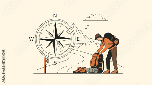Adventurer Preparing For Hike Near Compass Guiding To Mountain Adventure