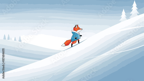 Adventurous Fox Trekking Through Snowy Hills Wearing a Cosy Winter Coat