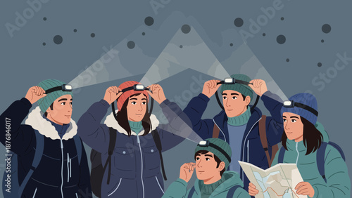 Adventurous Friends Explore Cave System Together Wearing Headlamps And Reading Map