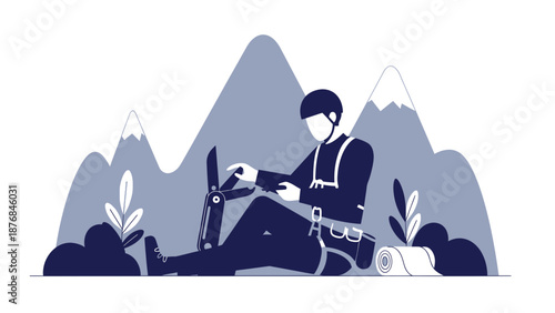 Adventurer Preparing Gear Against Mountain Landscape With Multifunctional Pocket Knife