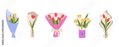 Spring tulip bouquet collection in pastel paper wrap for holiday and celebration design