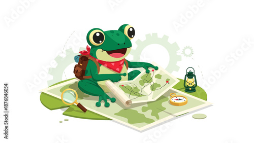 Adventurous Frog Planning Hiking Trip With Map and Compass Illustration