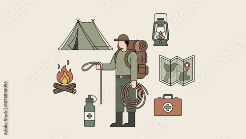 Adventurer Preparing For Outdoor Activities And Camping Trip In Wilderness