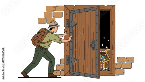 Adventurer Pushing Open Ancient Door to Discover Hidden Treasure Chamber