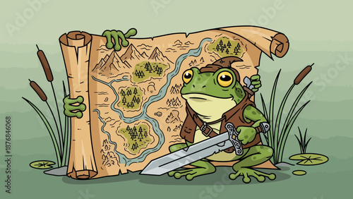 Adventurous Frog Knight Holds Ancient Map Ready For Quest On Fantasy Setting