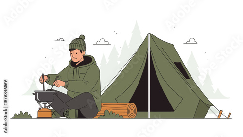 Adventurer Preparing Meal At Campsite Enjoying Wilderness Exploring Nature Retreat