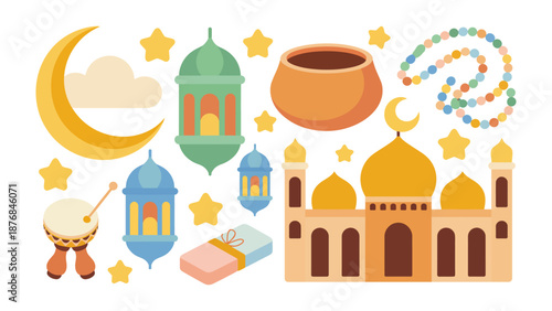 Islamic Elements Composition: A charming collection of Islamic cultural symbols, celebrating themes of spirituality, tradition, and community spirit. The scene is bright and cheerful.