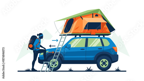 Adventurer Reaching Car Rooftop Tent For Outdoor Expedition Illustration