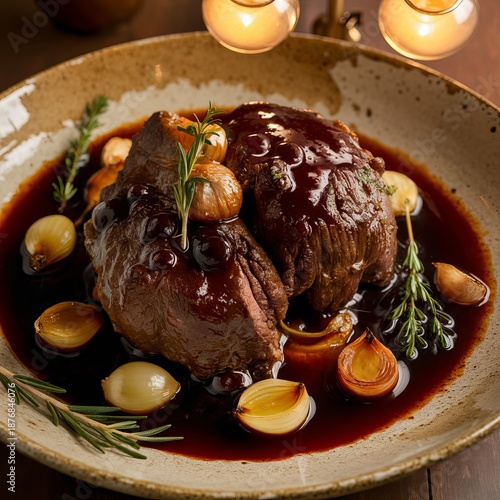 Hot beef roast in cast iron pot with garlic, rosemary, thyme, and caramelized onions, steaming in rich dark broth with golden crust.