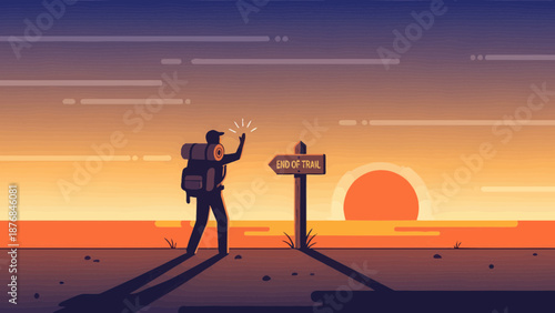 Adventurer Reaching Destination During Spectacular Sunset On Adventure Trip