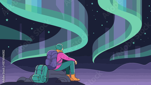 Adventurous Hiker Admiring Spectacular Aurora Borealis Over Northern Landscape At Night