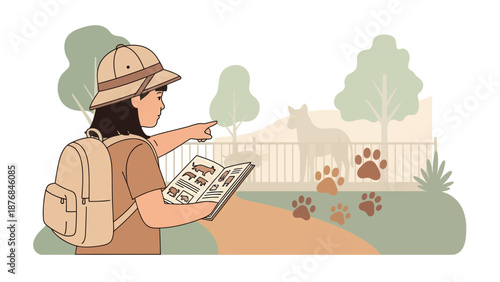 Adventurous Girl With Backpack Observing Animals In Zoo For Educational Excursion