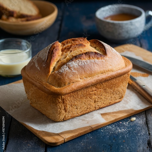 Freshly baked loaf of bread with golden crust and split top, served in ceramic dish on wooden tray with milk jar and butter in warm rustic setting.