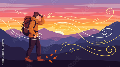 Adventurous Hiker Against Blustery Mountain View At Sunset With Leaves On Ground