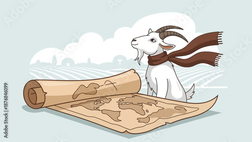 Adventurous Goat Planning A World Tour With Ancient Map And Scenic Background
