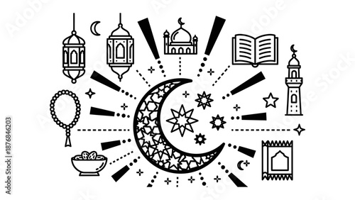 Ramadan Icons: A collection of meticulously crafted line art icons celebrating the spirit of Ramadan, depicting crescent moons, mosques, lanterns, and prayer beads.