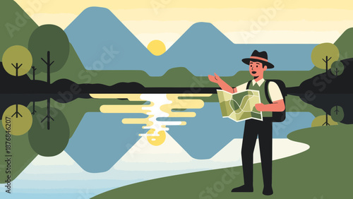 Adventurous Hiker Exploring Mountainous Landscape With Map And Backpack At Sunset