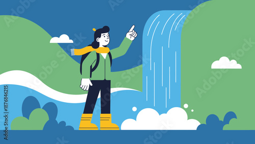 Adventurous Hiker Exploring Nature Near Waterfall in a Beautiful Flat Landscape