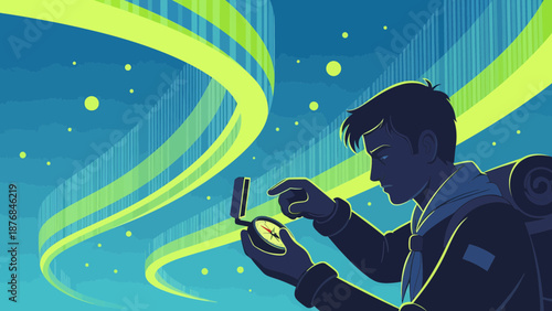 Adventurer Seeking Direction Under Northern Lights With Compass In Wilderness