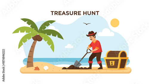 Adventurer Seeking Hidden Fortune Buried Under Sand Beach On Tropical Island