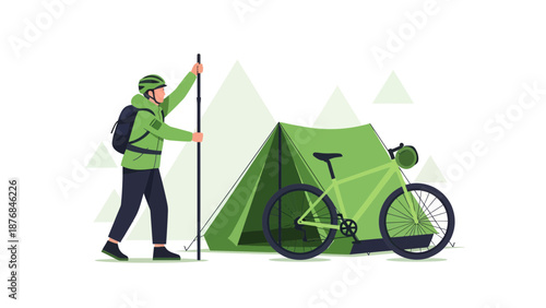 Adventurer Setting Up Camping Tent With A Bicycle For Outdoors Recreation Activity