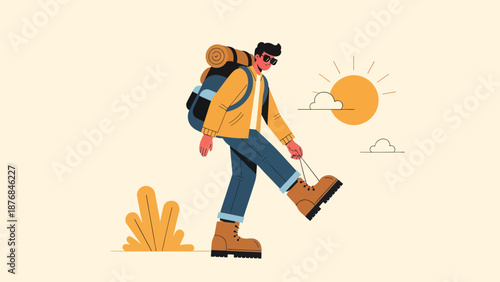 Adventurous Hiker Exploring Nature On Sunny Day With Backpack And Casual Style