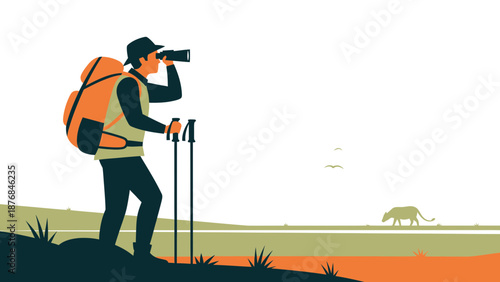 Adventurer Spotting Wildlife Through Binoculars On A Savannah Landscape Illustration
